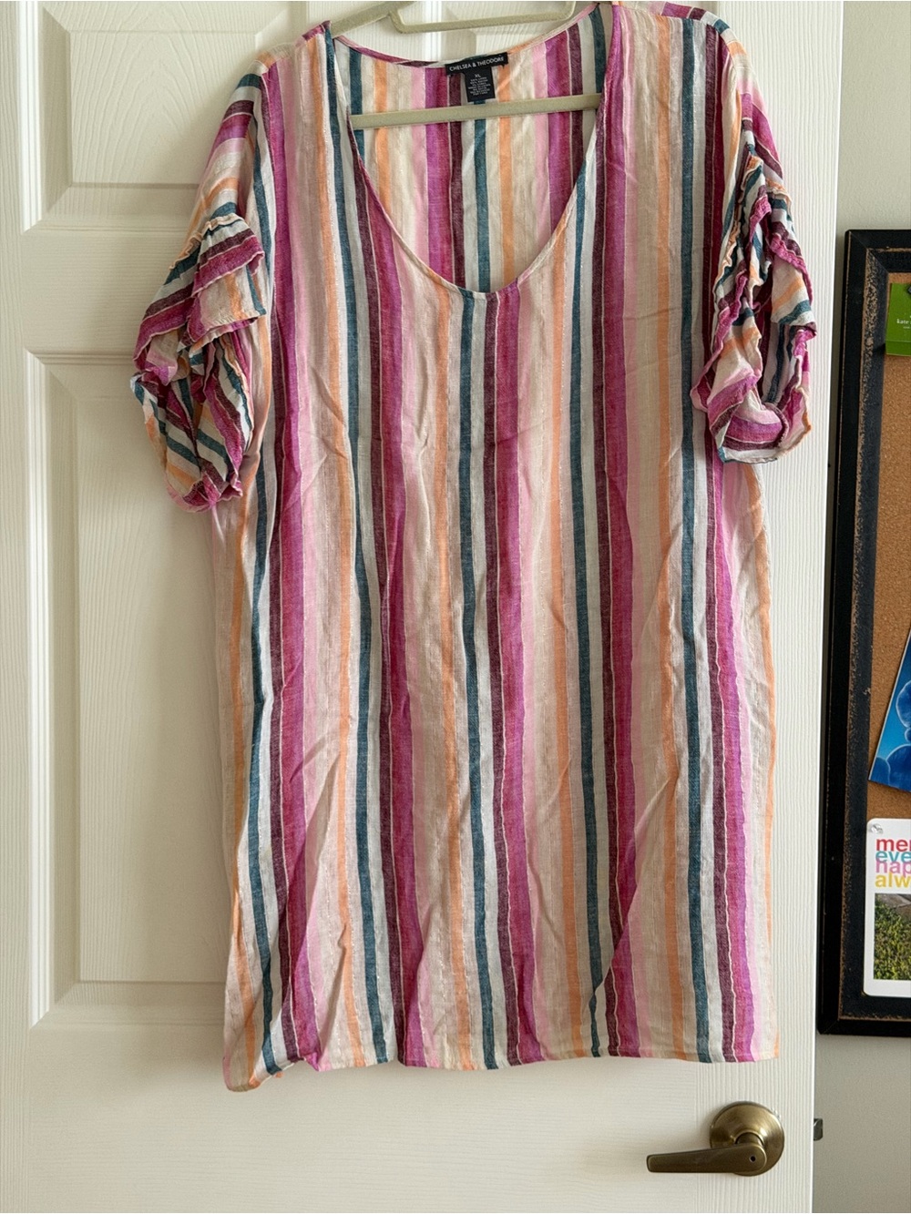Striped V-Neck dress in Pink, Peach & Teal
